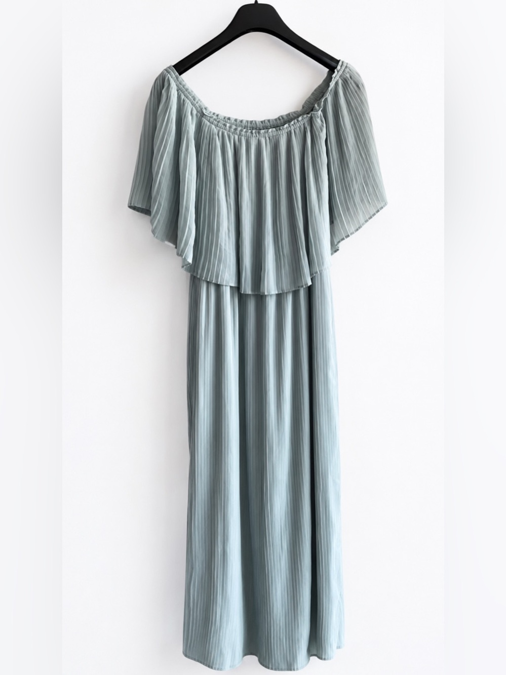 ZARA Pleated Off-Shoulder Maxi Dress in Dusty Sage